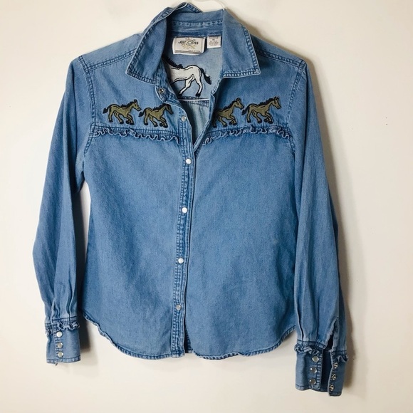 Just Class vintage button up horses India women medium blue cotton - Picture 1 of 10